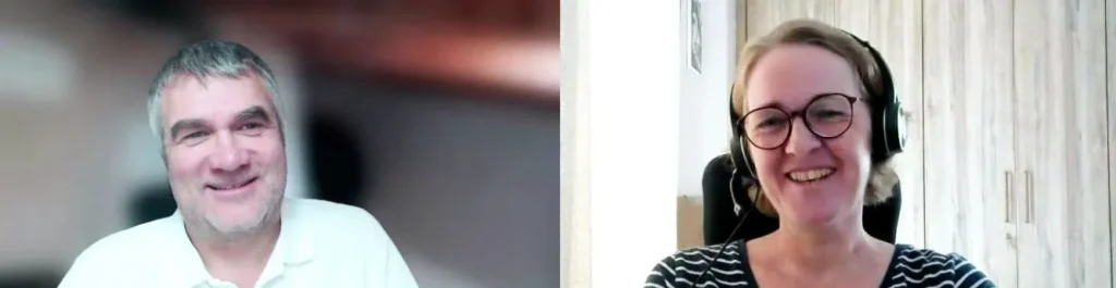 Snapshot von Markus Ertl und Mira D'Souza, Experten für barrierefreie Dokumente und Workshops. Beide sind in einer Video-Konferenz. Beide lächeln fröhlich in die Kamera.