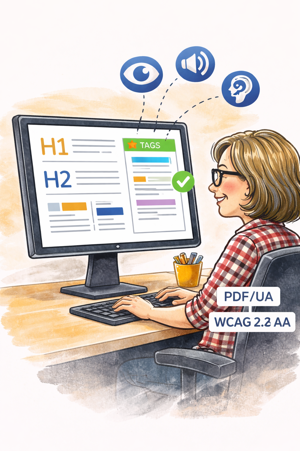 Illustration: Frau erstellt barrierefreie Dokumente am Computer mit klar strukturierter PDF-Datei, Überschriften und Tags nach PDF/UA und WCAG 2.1 Standards sowie Symbolen für inklusive digitale Barrierefreiheit.