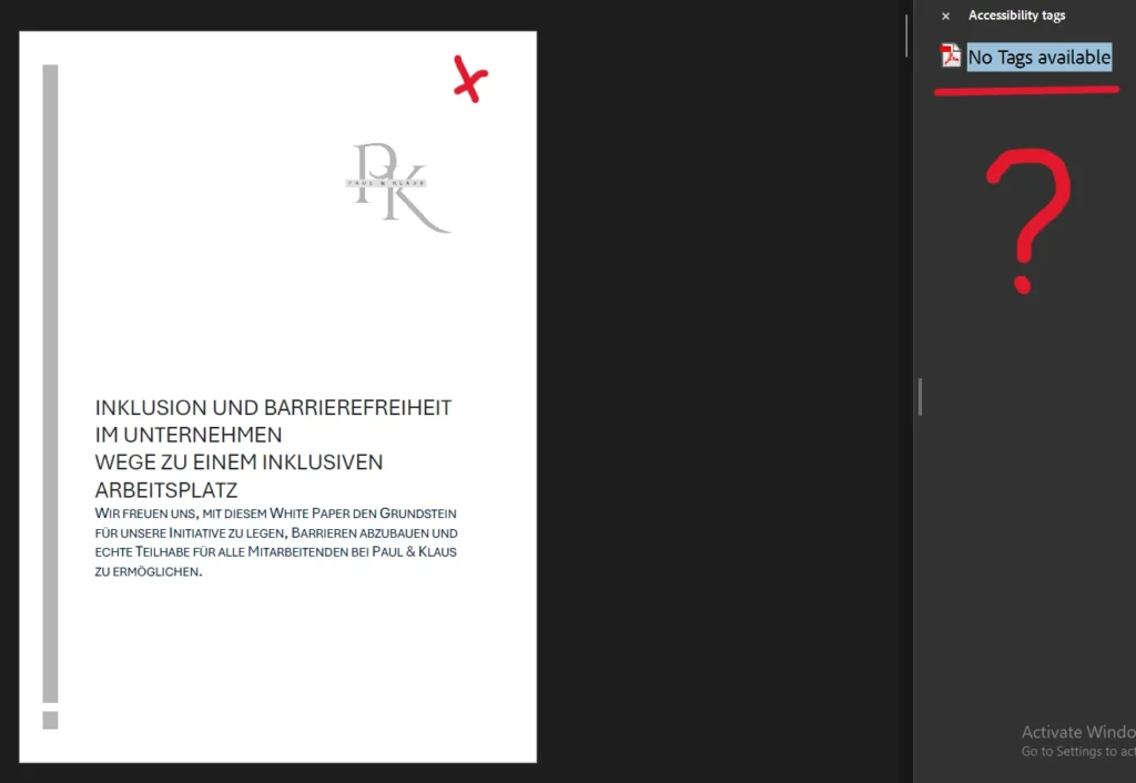 Screenshot aus Adobe Acrobat Pro. Zu sehen ist das Deckblatt eines PDFs mit Logo, dem Titel „Inklusion und Barrierefreiheit im Unternehmen“ sowie Untertitel und sonstigem Text. Der Text ist komplett in Großbuchstaben und weist nicht ausreichend Kontrast zum Hintergrund auf. Logo und dekorative Elemente haben ebenfalls ein nicht ausreichendes Kontrastverhältnis. Rechts ist der Strukturbaum geöffnet, welcher leer und ohne Tags ist. Darunter befindet sich ein rotes Fragezeichen.