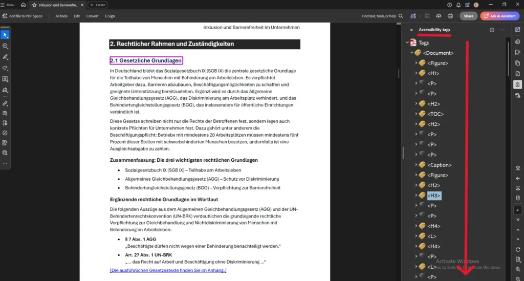 Screenshot eines PDF in Adobe Acrobat Pro. Das Dokument verfügt über mehrere Überschriftenebenen, Absätze, zwei kleine Listen mit Punkt als Aufzählungszeichen und ein Hyperlink. Rechts ist der Strukturbaum geöffnet mit Tags wie Dokument, H1, H2, H3, H4, P, Figure, TOC und L.