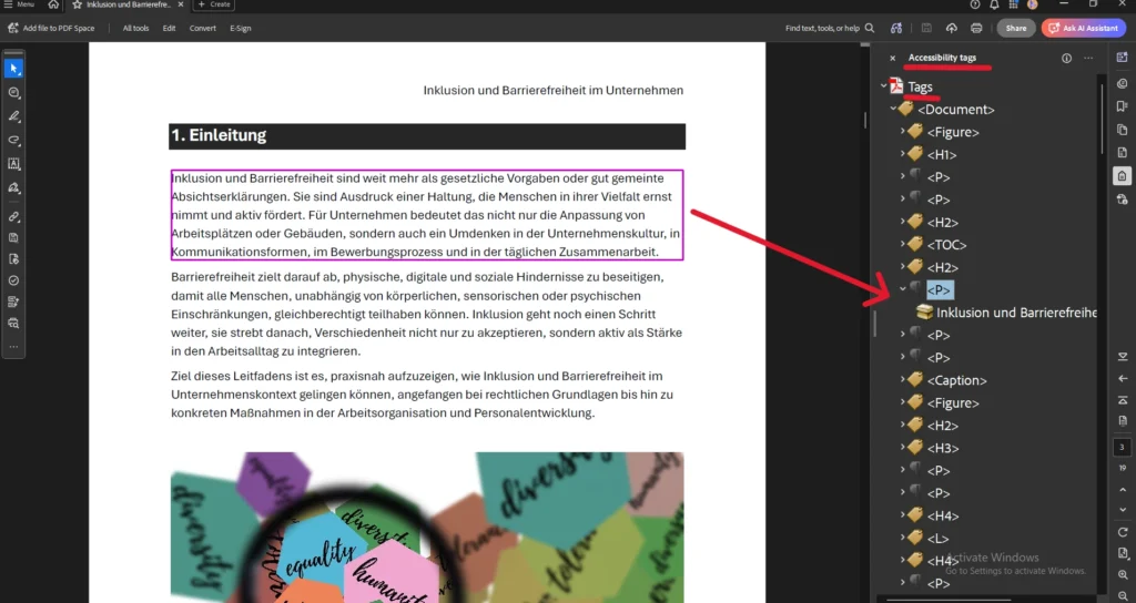 Screenshot aus Adobe Acrobat Pro. Ein Absatz im Dokument ist markiert. Im Strukturbaum rechts ist das zugehörige P-Tag hervorgehoben, es zeigt die Verbindung zwischen Inhalt und Tag.