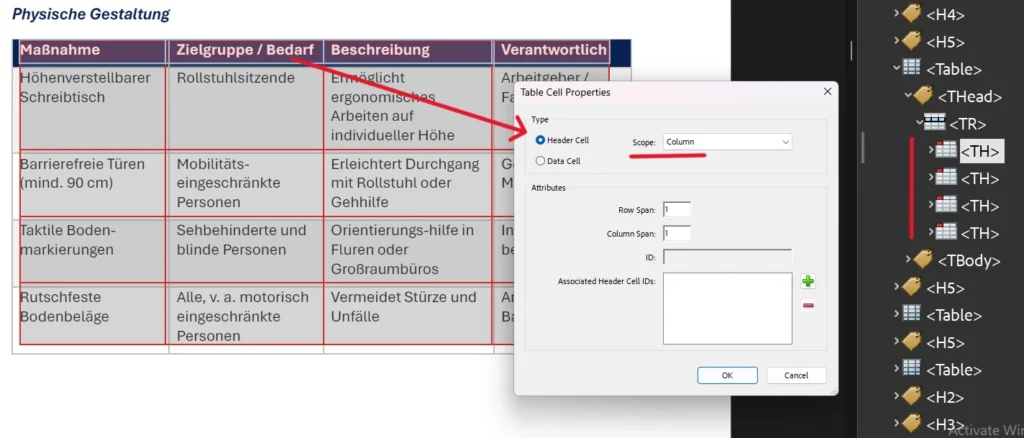 Screenshot aus Adobe Acrobat Pro. Im Strukturbaum ist das Table-Tag einer Tabelle geöffnet. Im Eigenschaftsfenster wird gezeigt, wie man für eine Kopfzelle den Scope auf „Column" setzt.