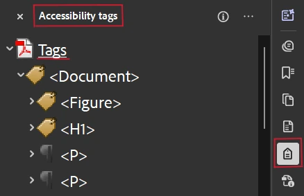 Screenshot des Strukturbaums eines PDF in Adobe Acrobat Pro, mit den Tags: Dokument, Figure, H1, P, P.